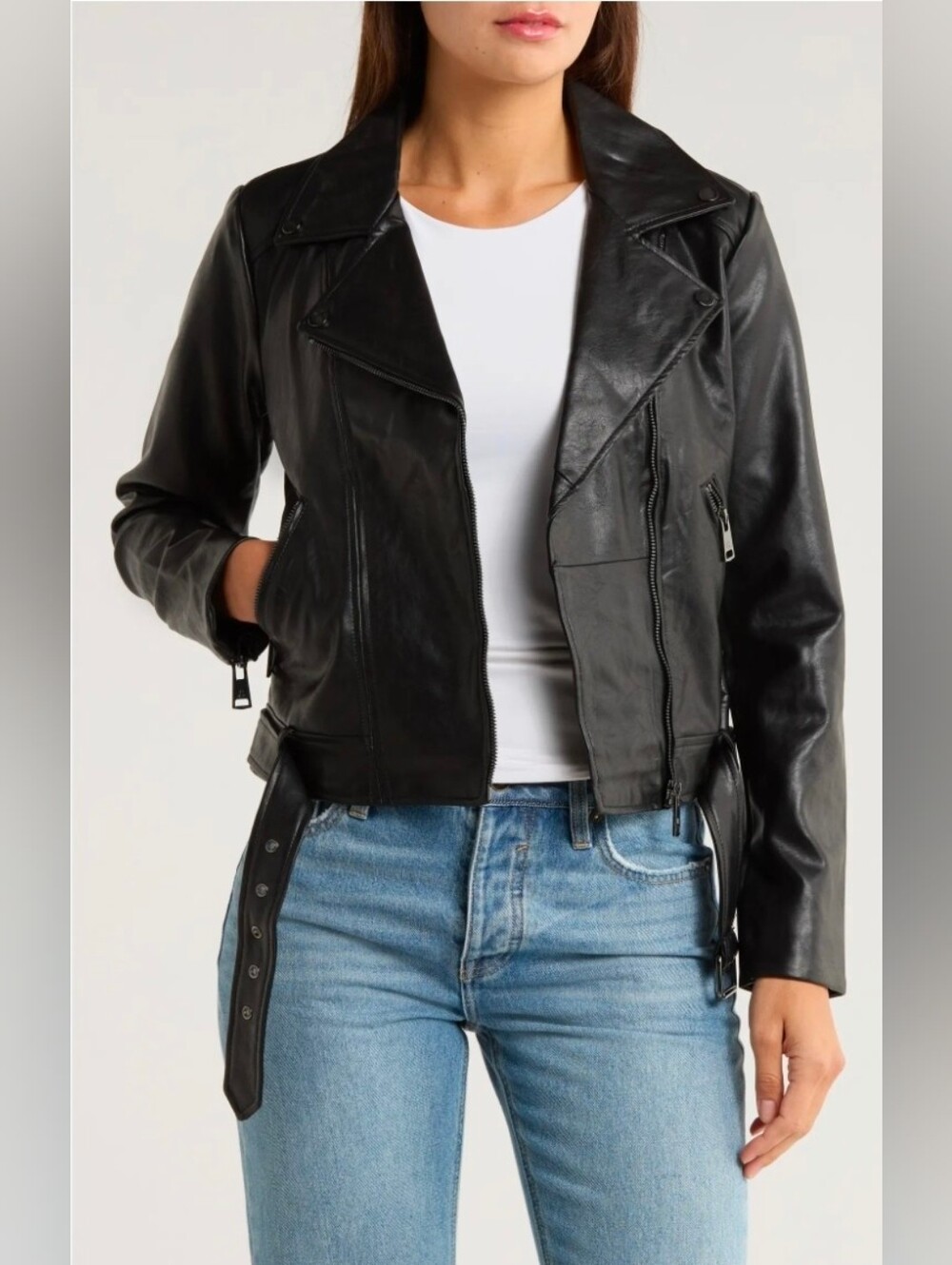 Elodie Faux Leather Biker Jacket Black Belted Zip Pockets Large Regular Women's